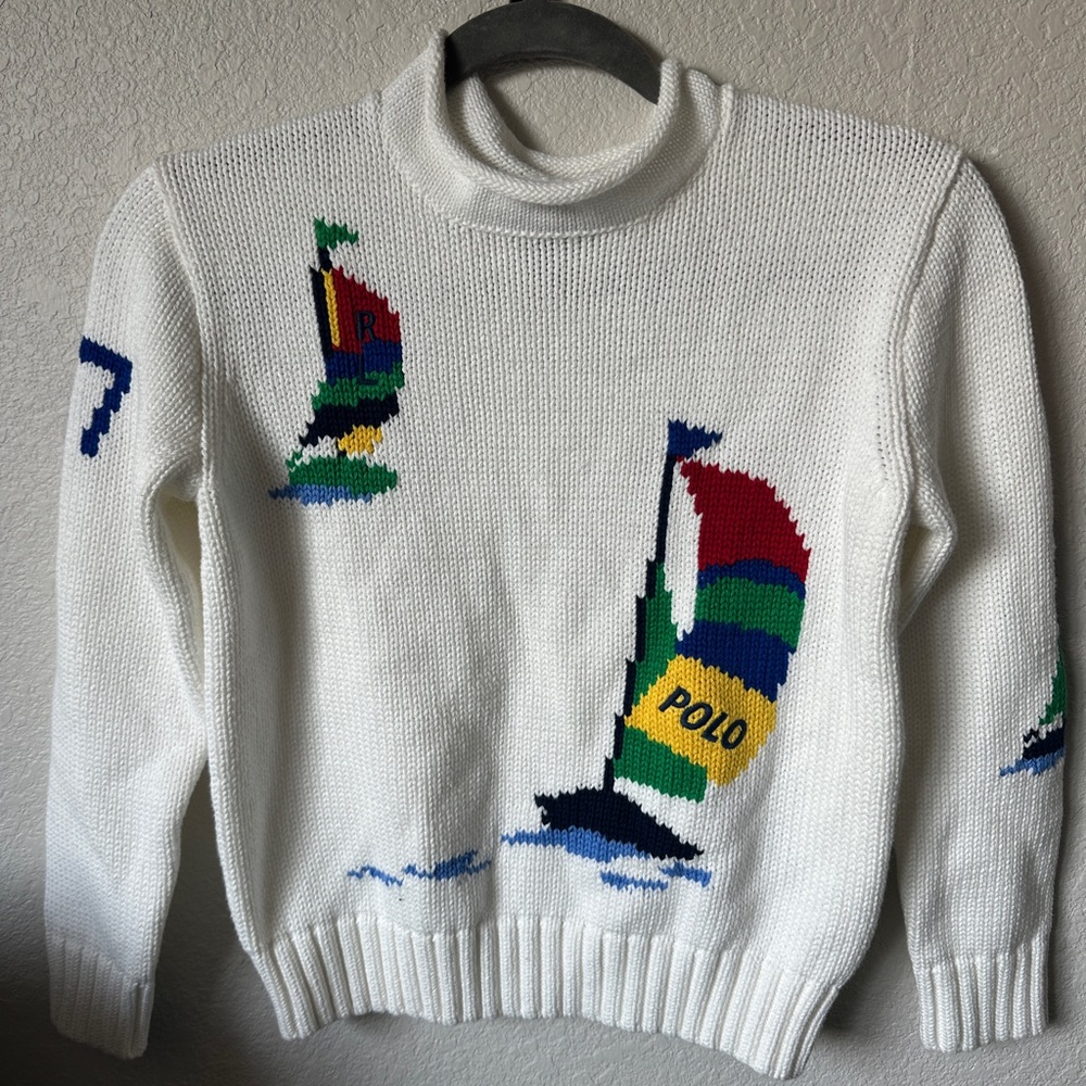 Polo Ralph Lauren Kids Sailboat Knit Sweater White (Size M 8–10)